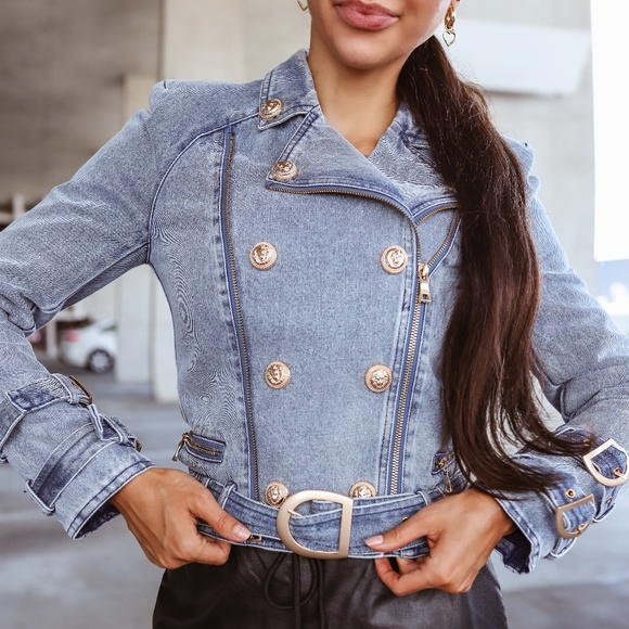 Denim Leather Moto Biker Jacket - Picture 1 of 6